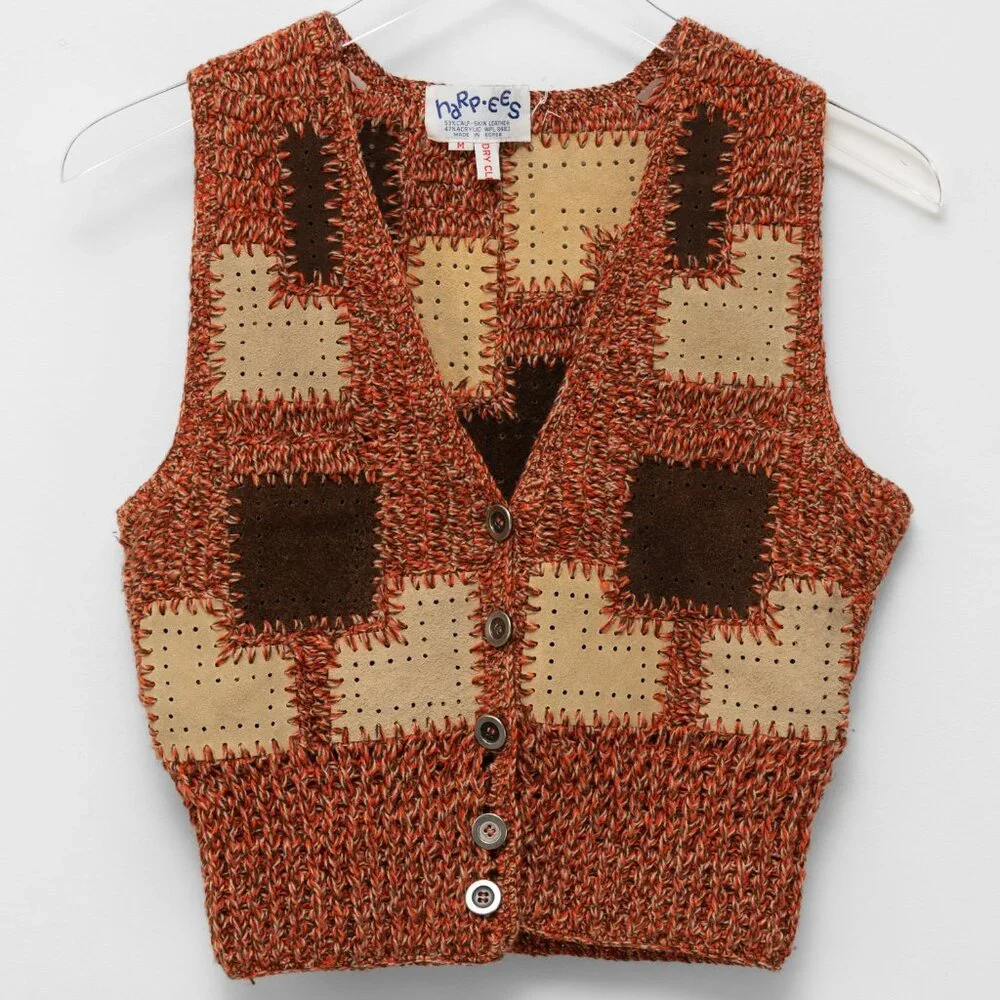 Harpees Vest Vintage Leather Knit 70s Patchwork Knit Brown Tan Rust Size Medium - Picture 1 of 4